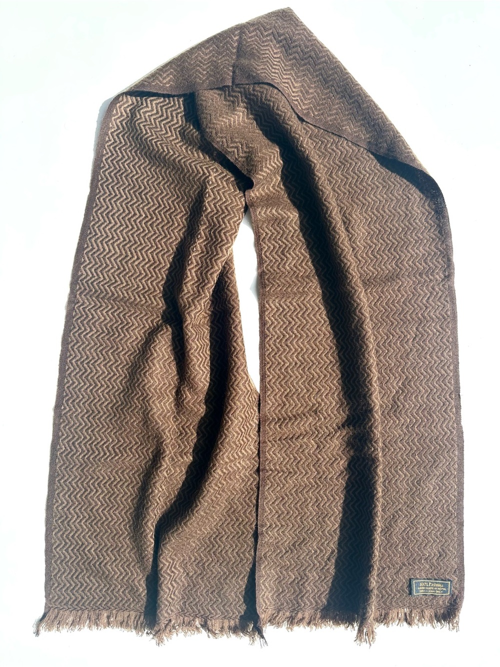 100% Pashmina Nepal Handmade Jacquard Brown Tan Chevron Scarf, 65”x12”